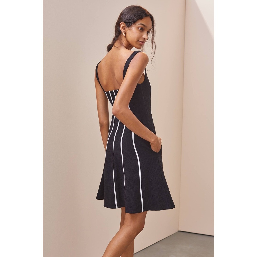 Anthropologie Maeve Little Black Dress White Piping Stretchy Pockets NWT Size 8 - Picture 2 of 16
